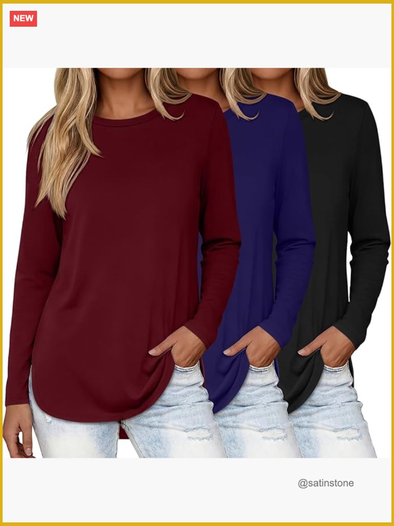 3 Pack Long Sleeve Crew Neck Tunic Tops With Side Split Curved Hem